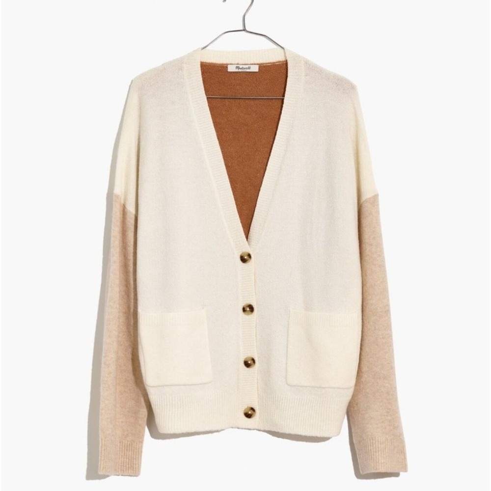 Madewell Short Kent Ex Boyfriend Heather Timber Cream and Tan Cardigan Sweater